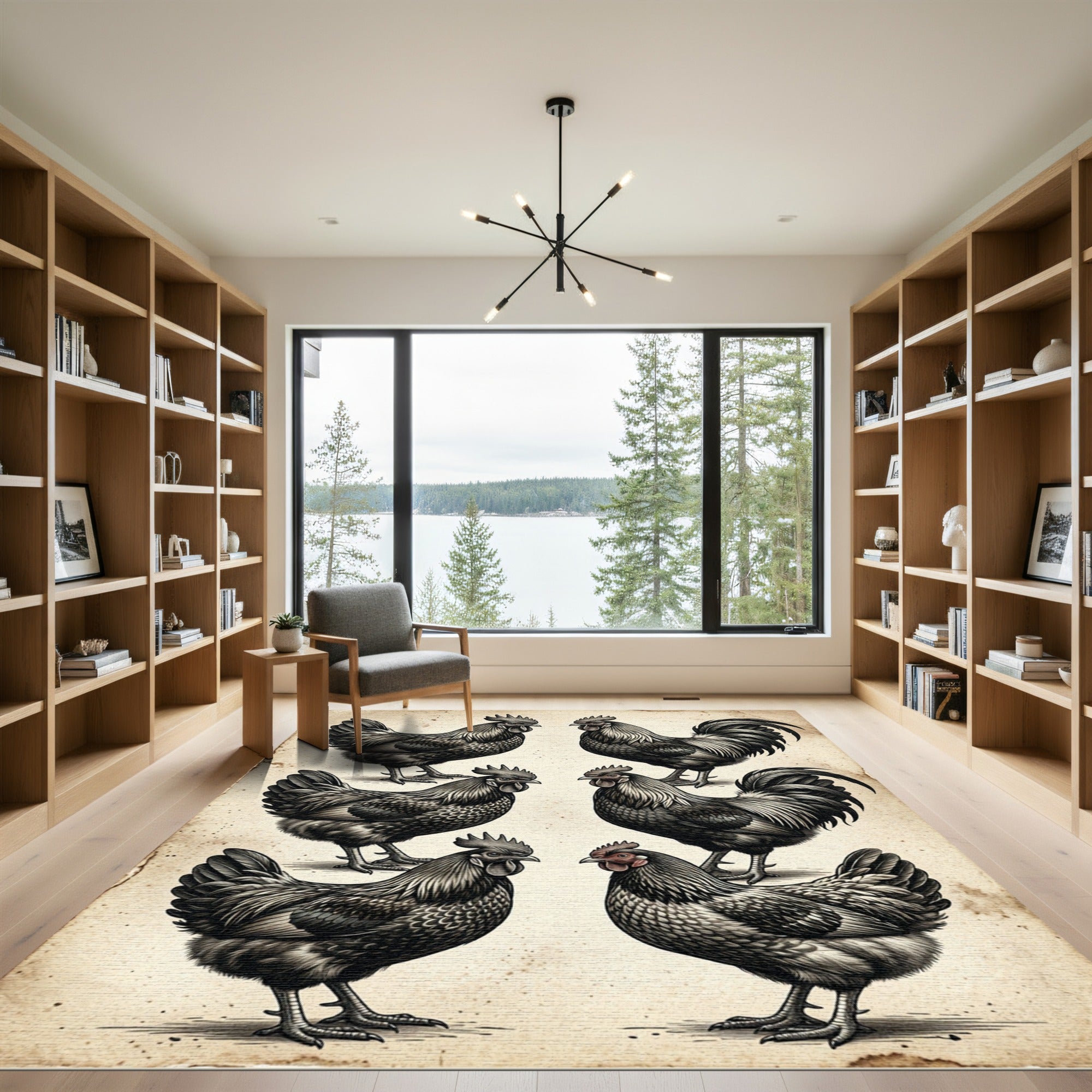 Monochromatic Rooster Farmhouse Sketch Art Rug