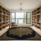 Ornate Golden Filigree Black Medallion Rug