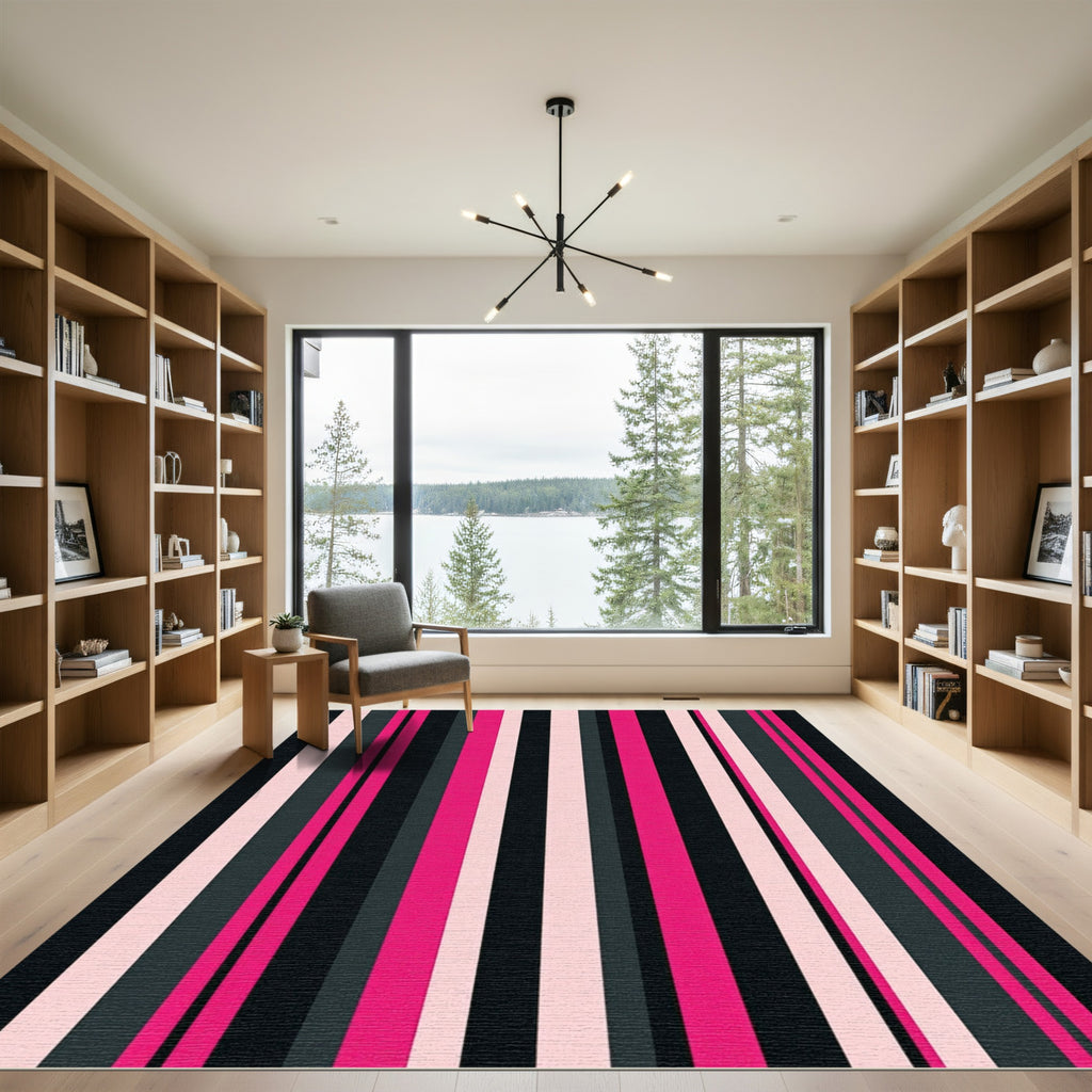 Bold Pink and Graphite Vertical Stripe Rug
