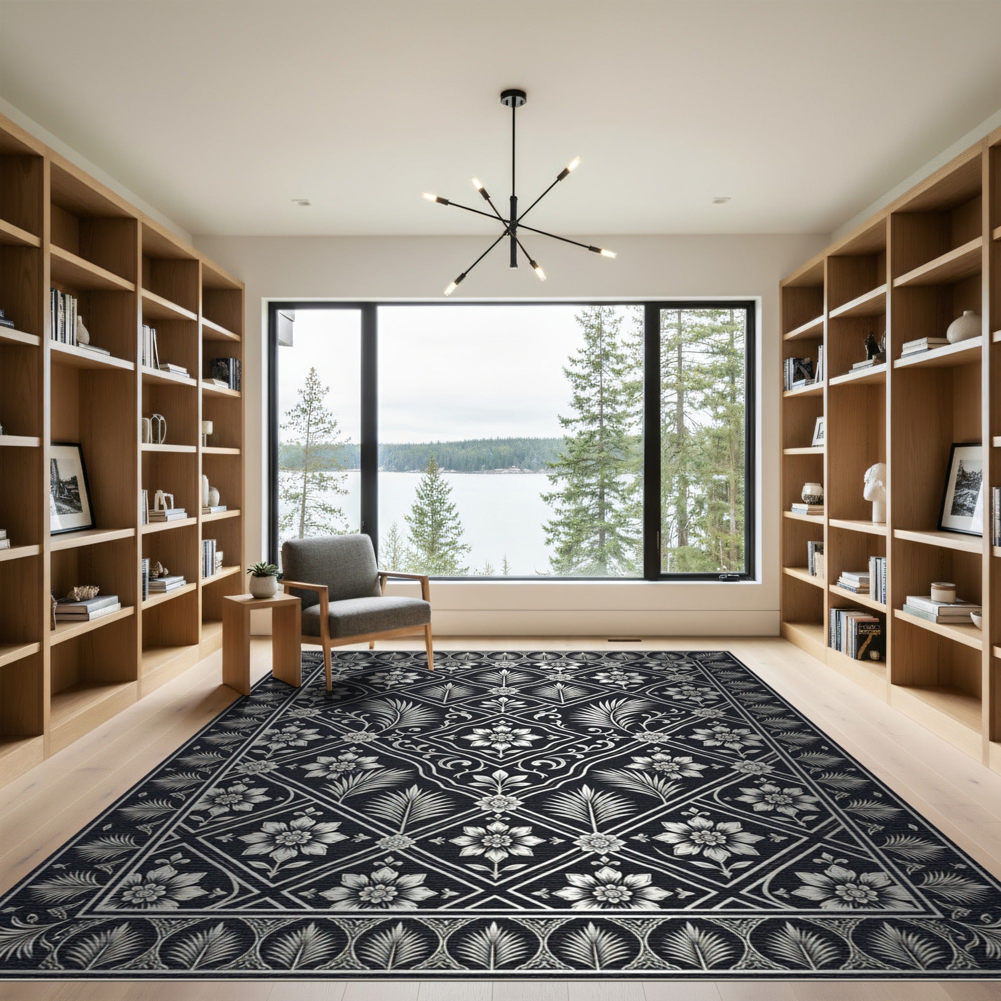 Elegant Metallic Silver Floral Damask Rug