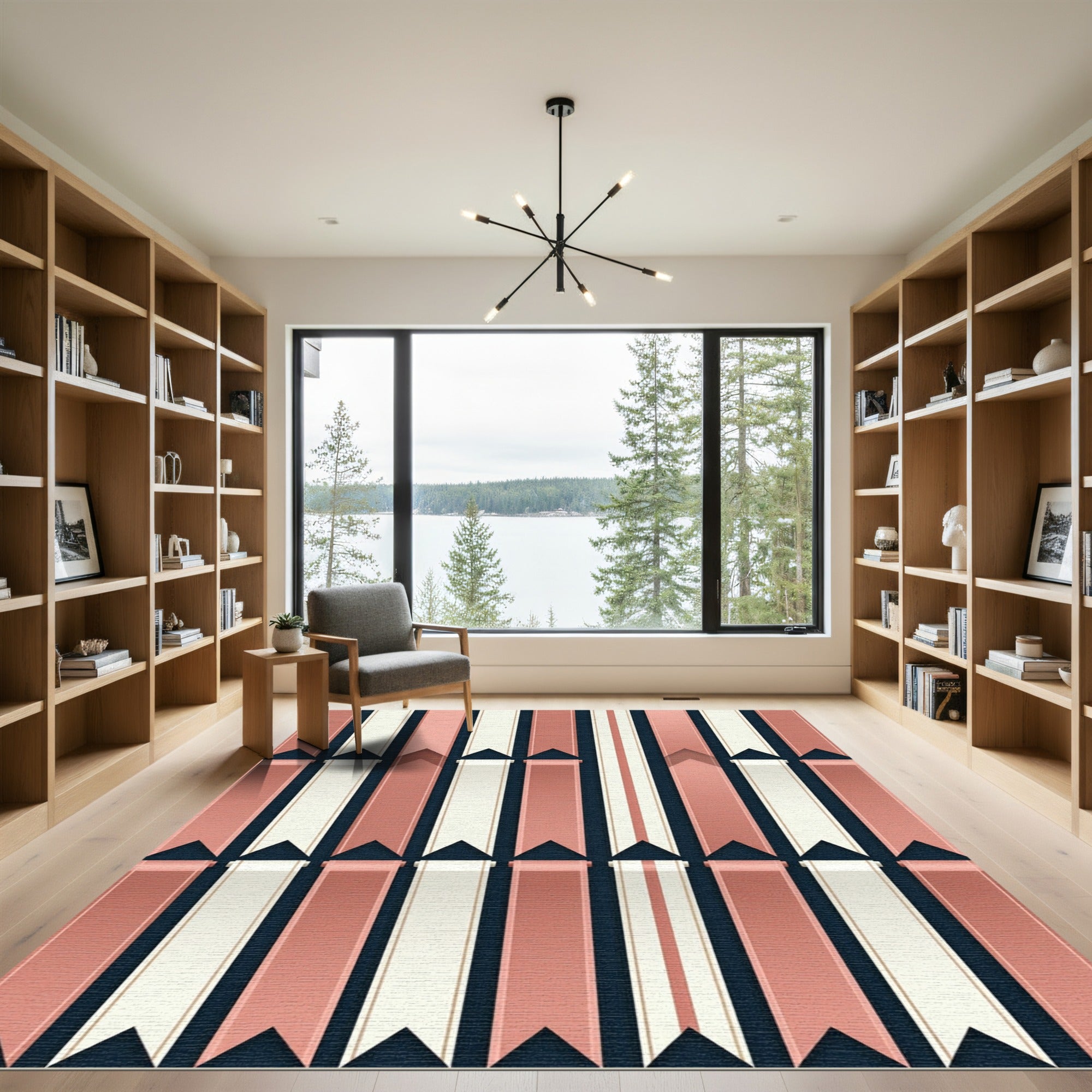 Coral White Navy Ribbon Stripes Rug