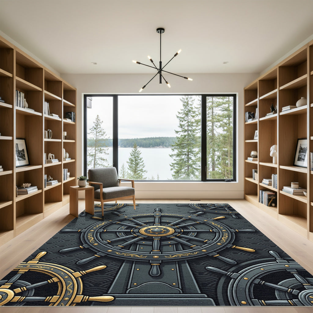 Sophisticated Charcoal Nautical Helm Wave Art Rug
