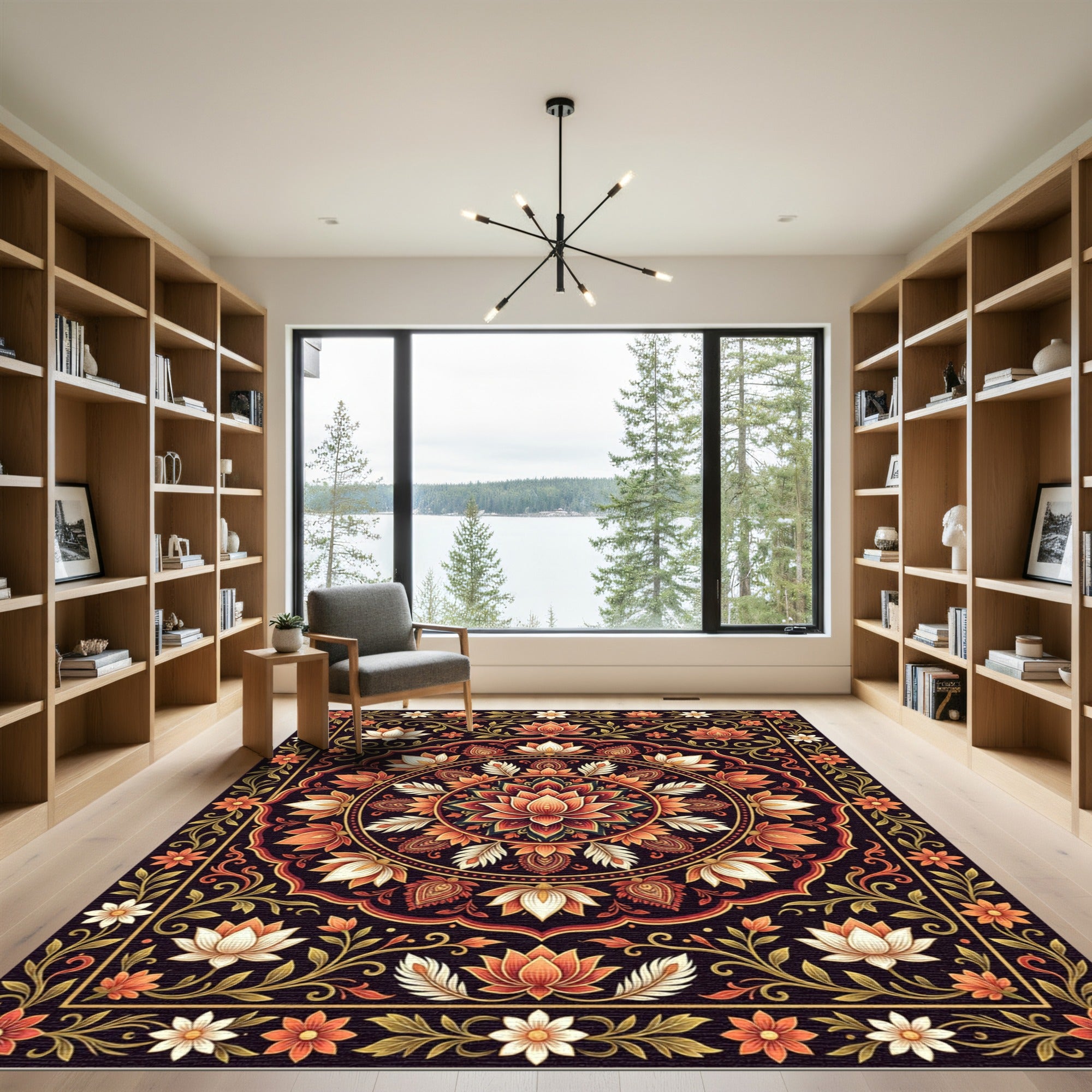Intricate Orange Crimson Lotus Mandala Rug