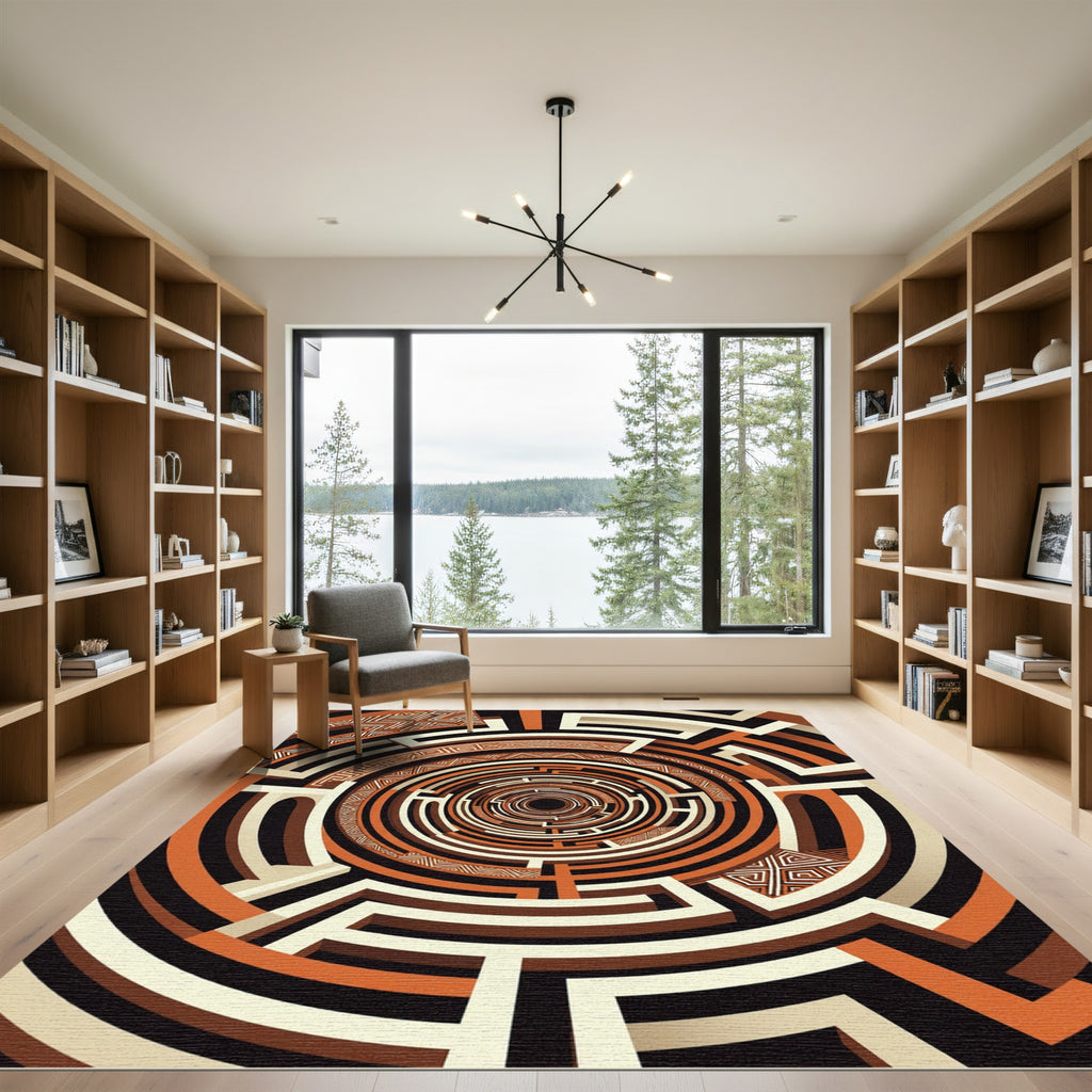 Earthy Terracotta Circular Labyrinth Abstract Rug