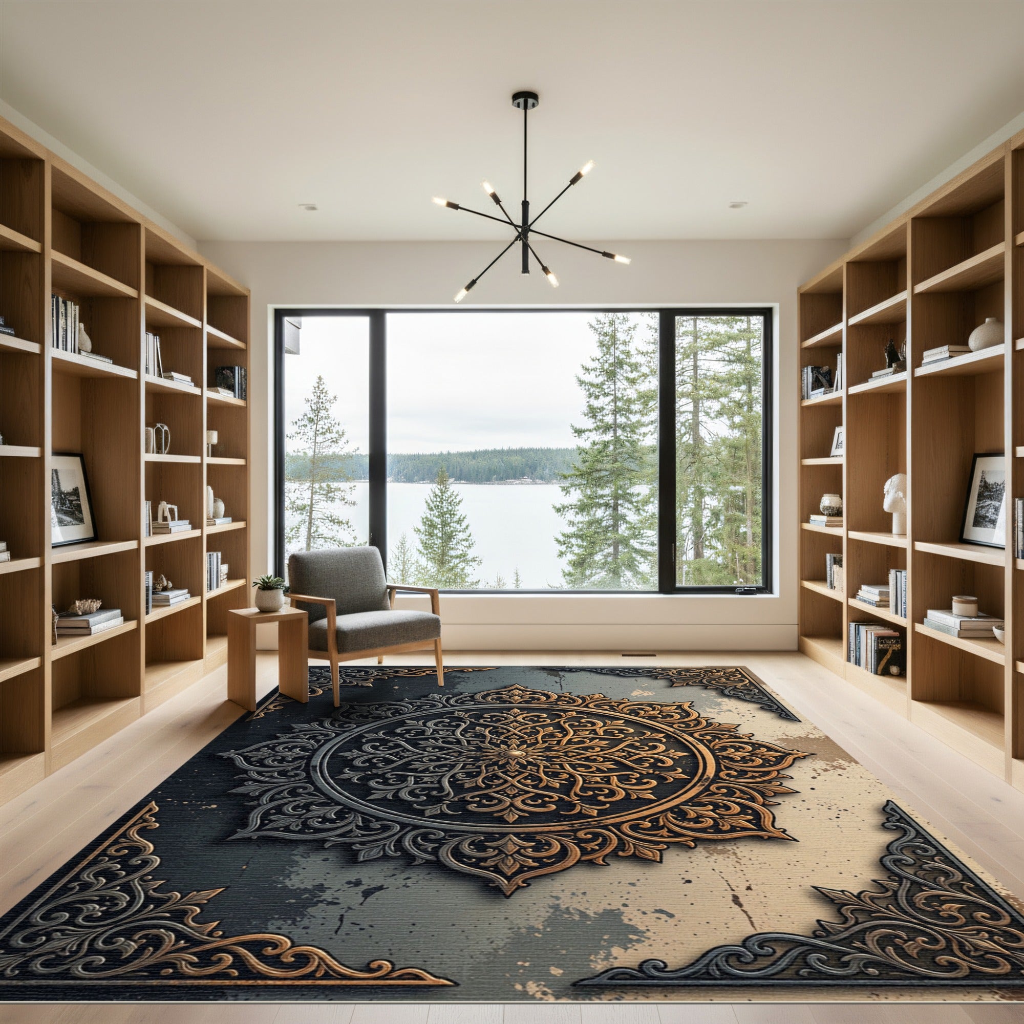 Ornate Gold and Silver Circular Medallion Rug