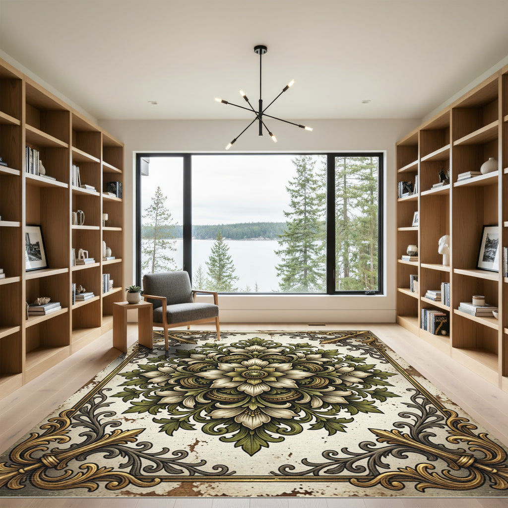 Ornate Sage Green Ivory Floral Medallion Rug