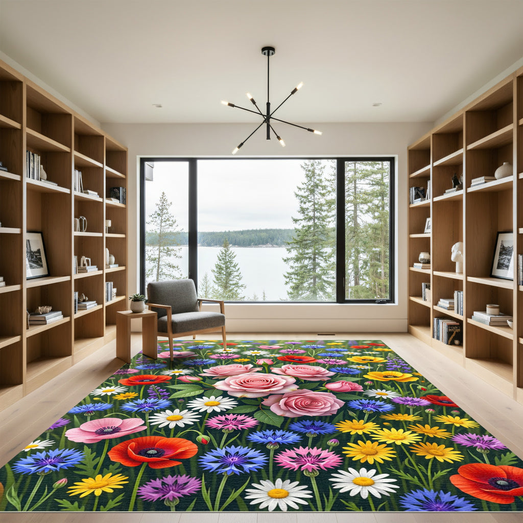 Pink Roses Blue Cornflower Field Blooms Rug