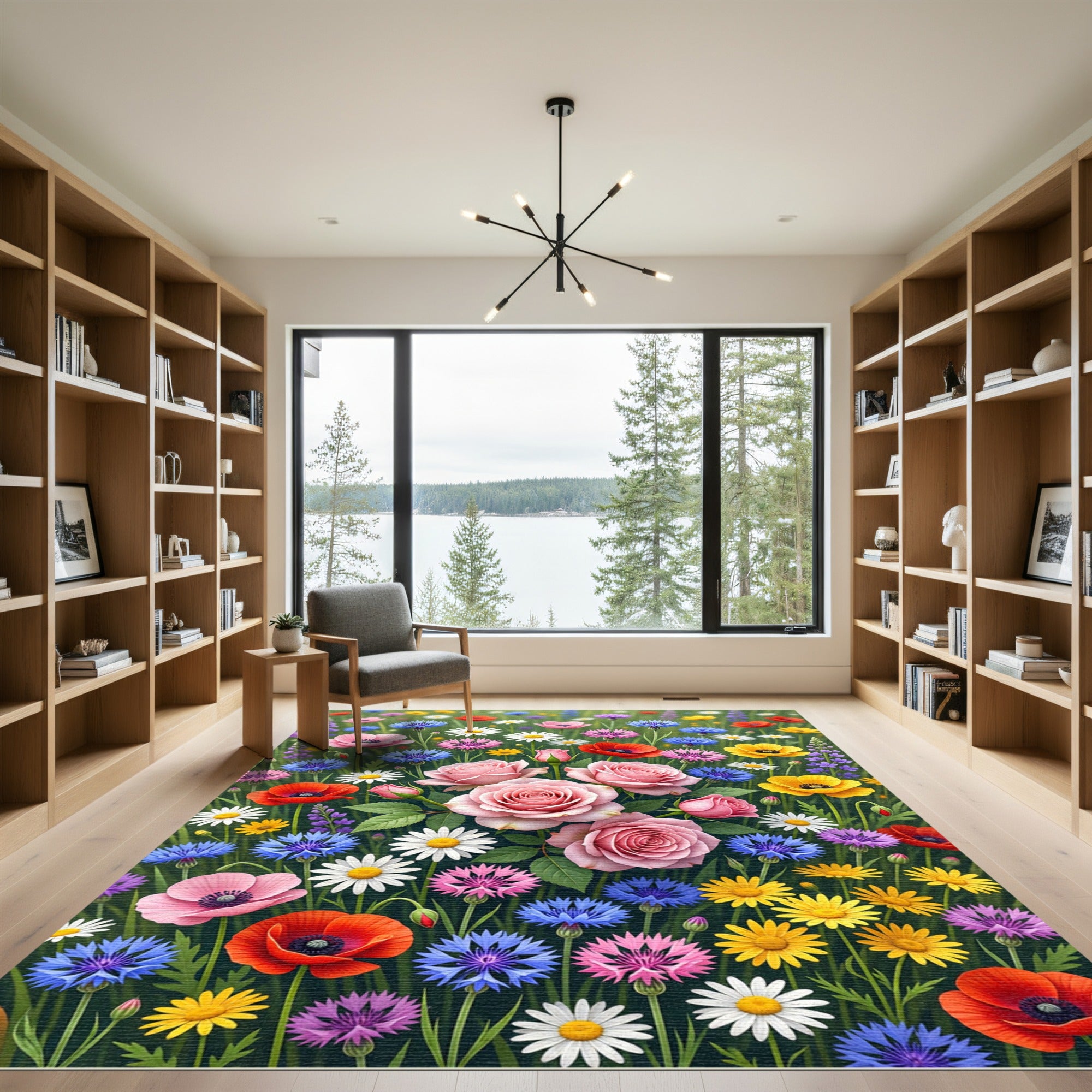 Pink Roses Blue Cornflower Field Blooms Rug
