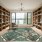 Teal Trellis Floral Lattice Medallion Rug