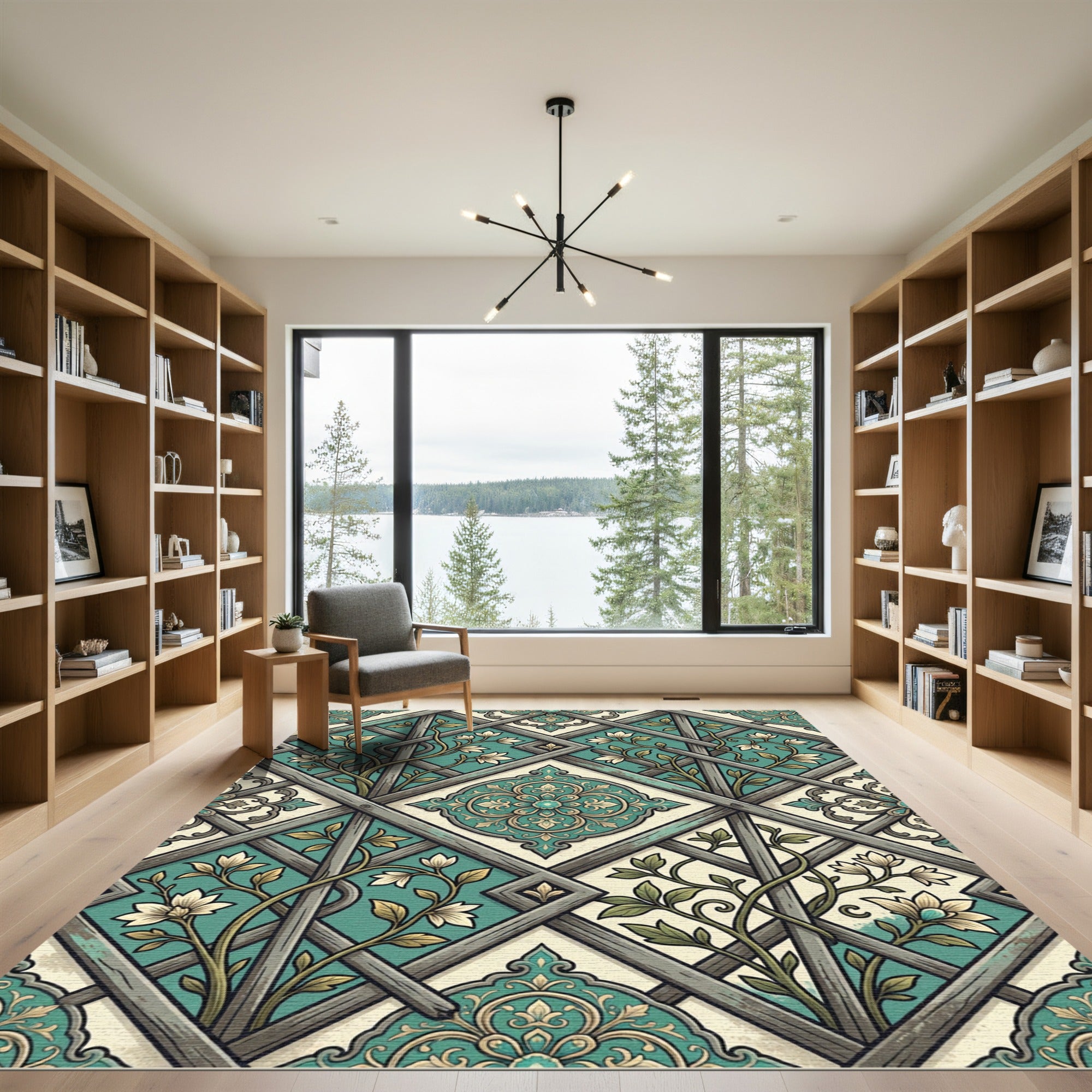 Teal Trellis Floral Lattice Medallion Rug