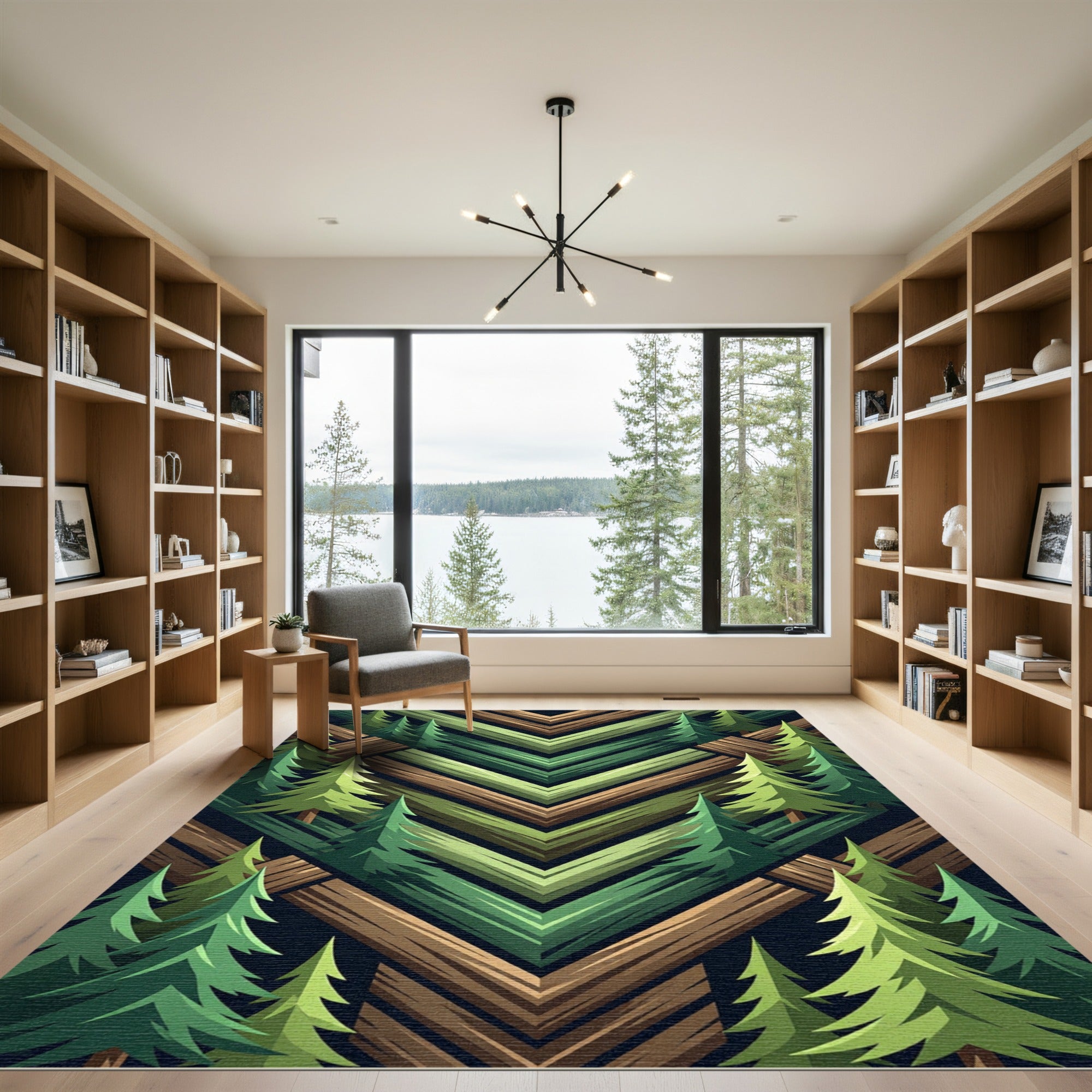 Green Pine Forest Chevron Abstract Rug