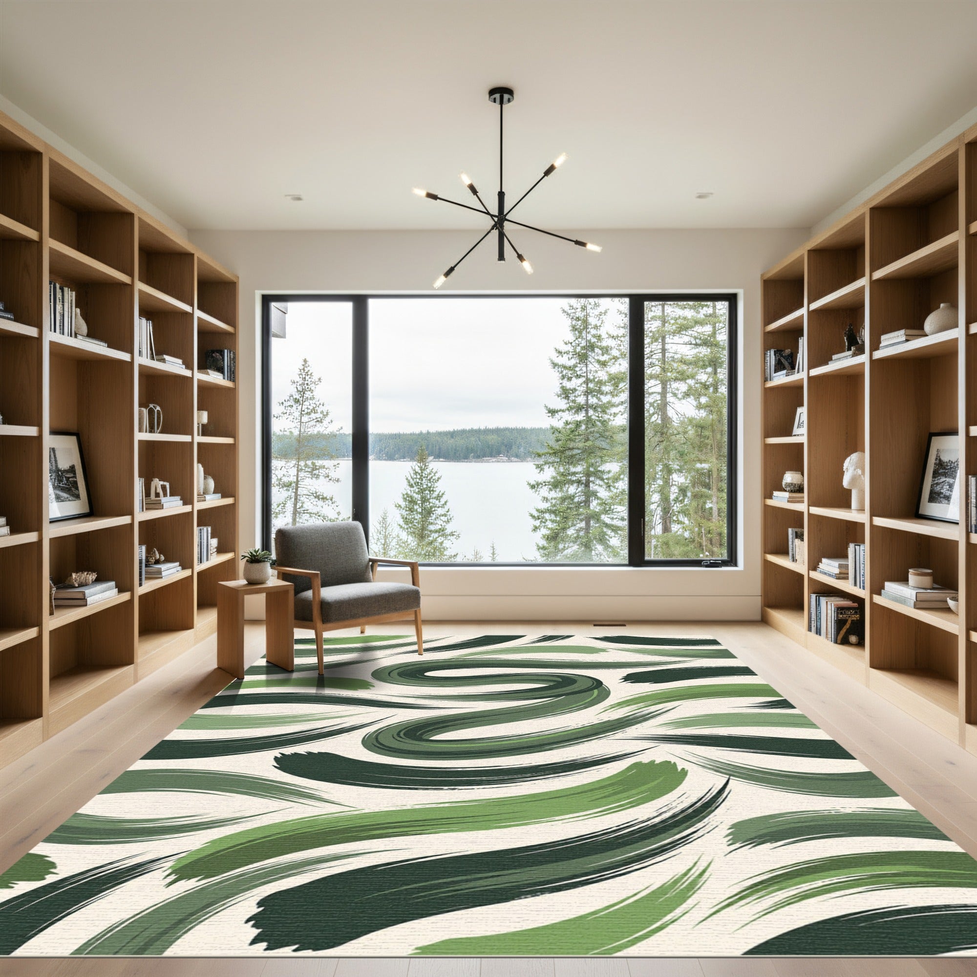 Curving Green Brushstroke Abstract Rug