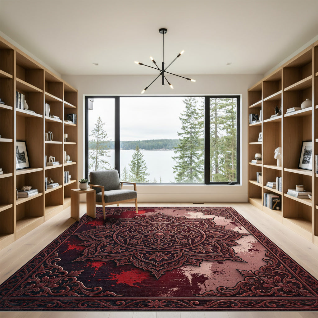 Ornate Crimson Floral Mandala Filigree Rug