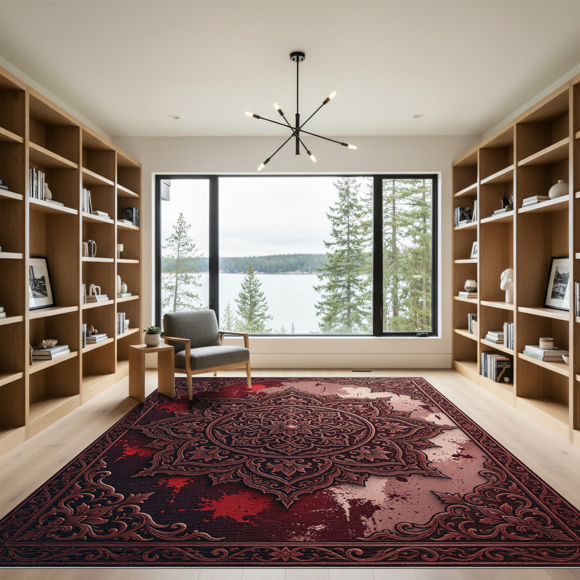 Ornate Crimson Floral Mandala Filigree Rug