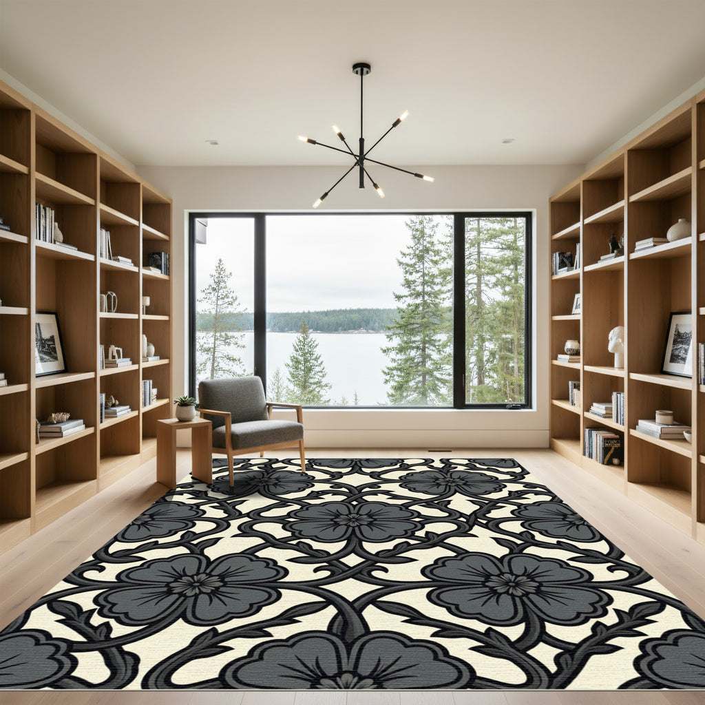 Dark Gray Floral Vine Lattice Rug