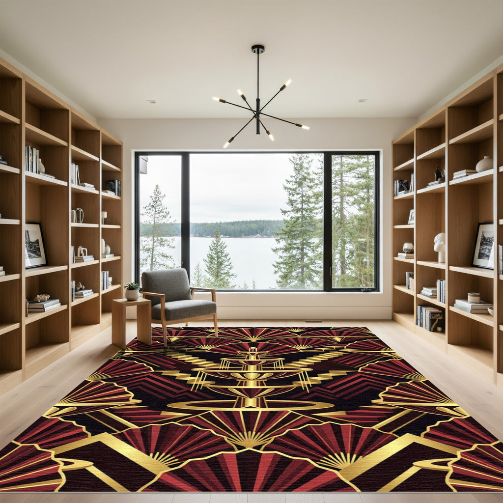 Crimson Gold Fan Fountain Steps Rug