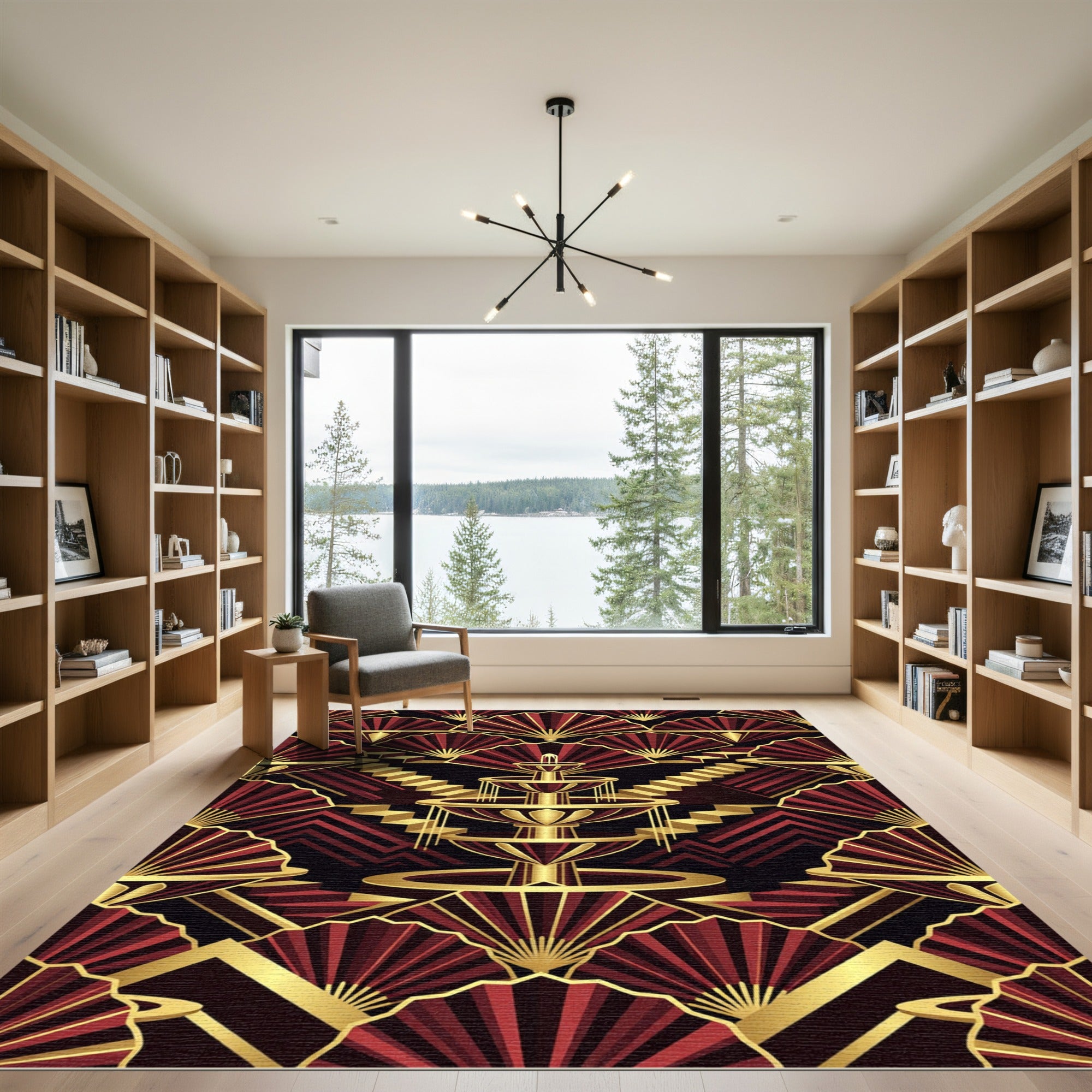 Crimson Gold Fan Fountain Steps Rug