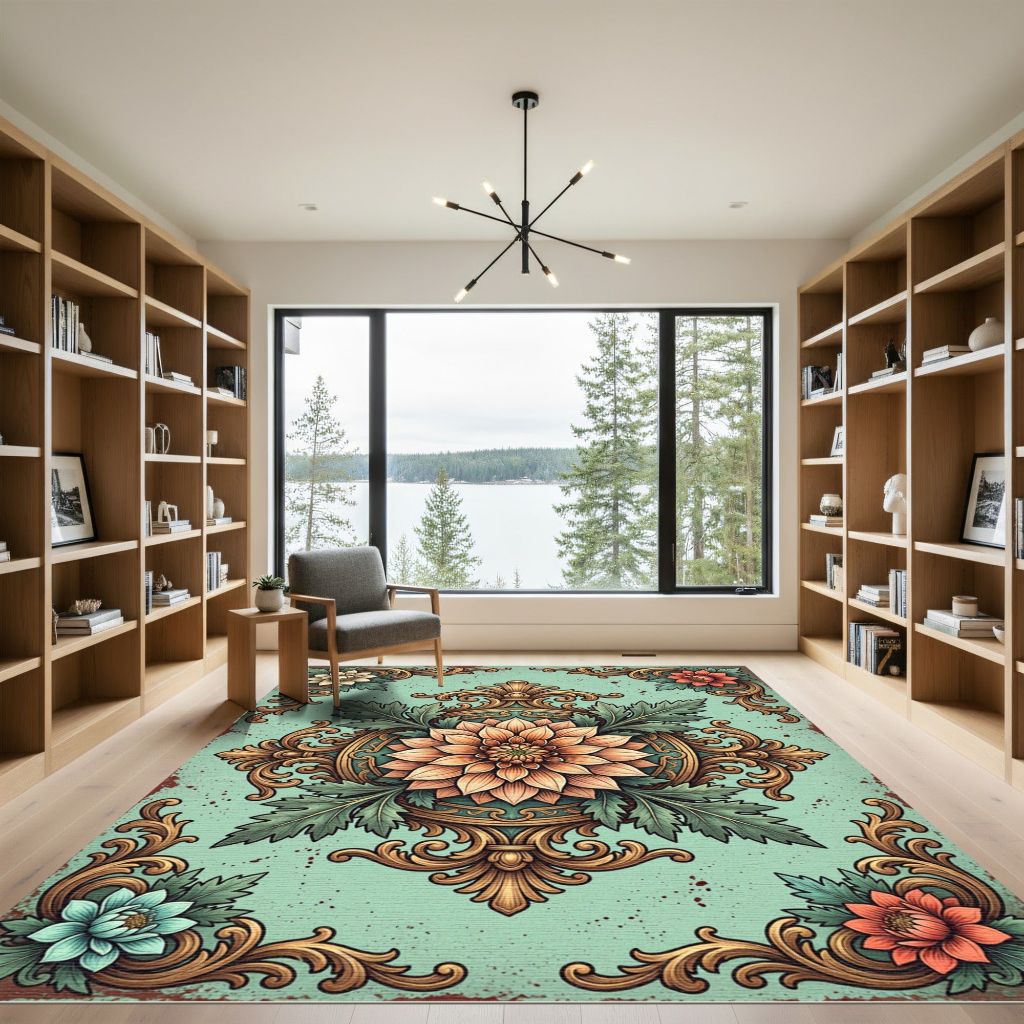 Golden Floral Medallion Aquamarine Rug