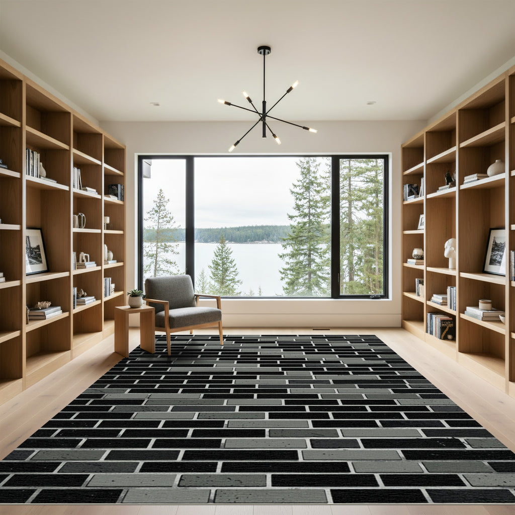 Monochrome Gray Black Brick Geometric Layer Rug