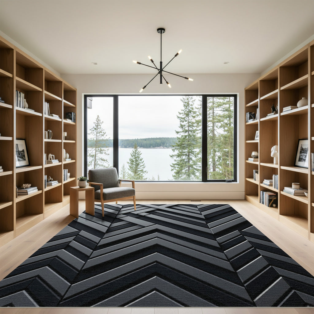 Monochrome Geometric Angular Chevron Shadow Rug