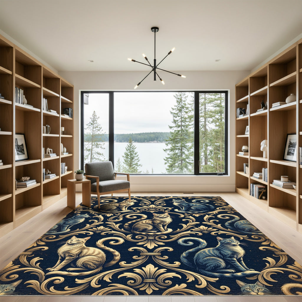 Elegant Golden Feline Damask Navy Rug