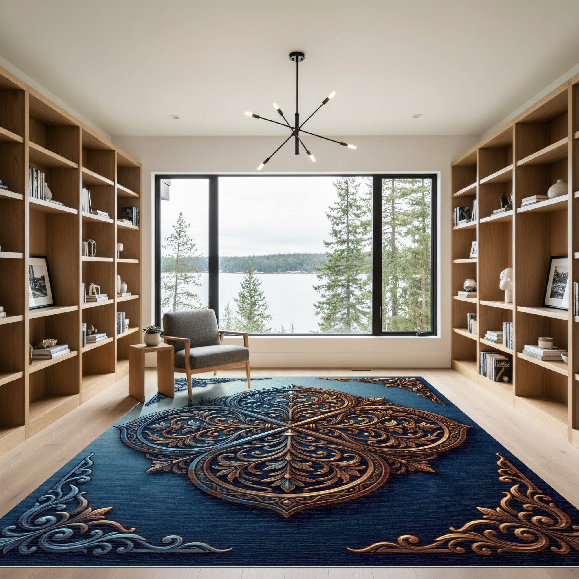 Ornate Gold and Blue Filigree Medallion Rug