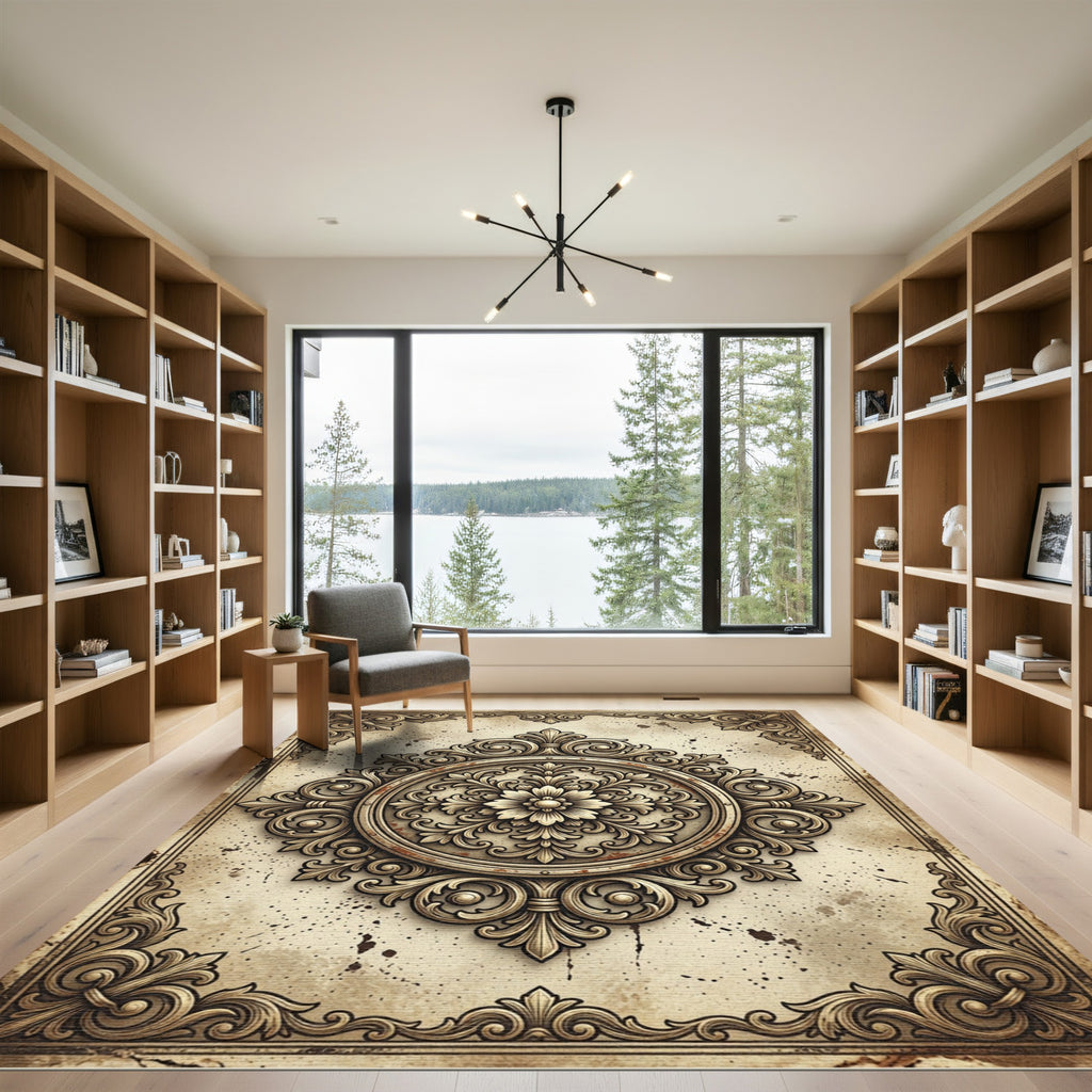 Ornate Golden Floral Scroll Medallion Rug