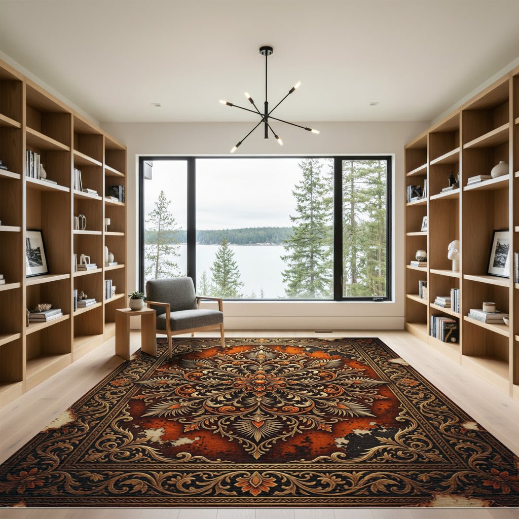 Ornate Golden Floral Medallion Amber Rug
