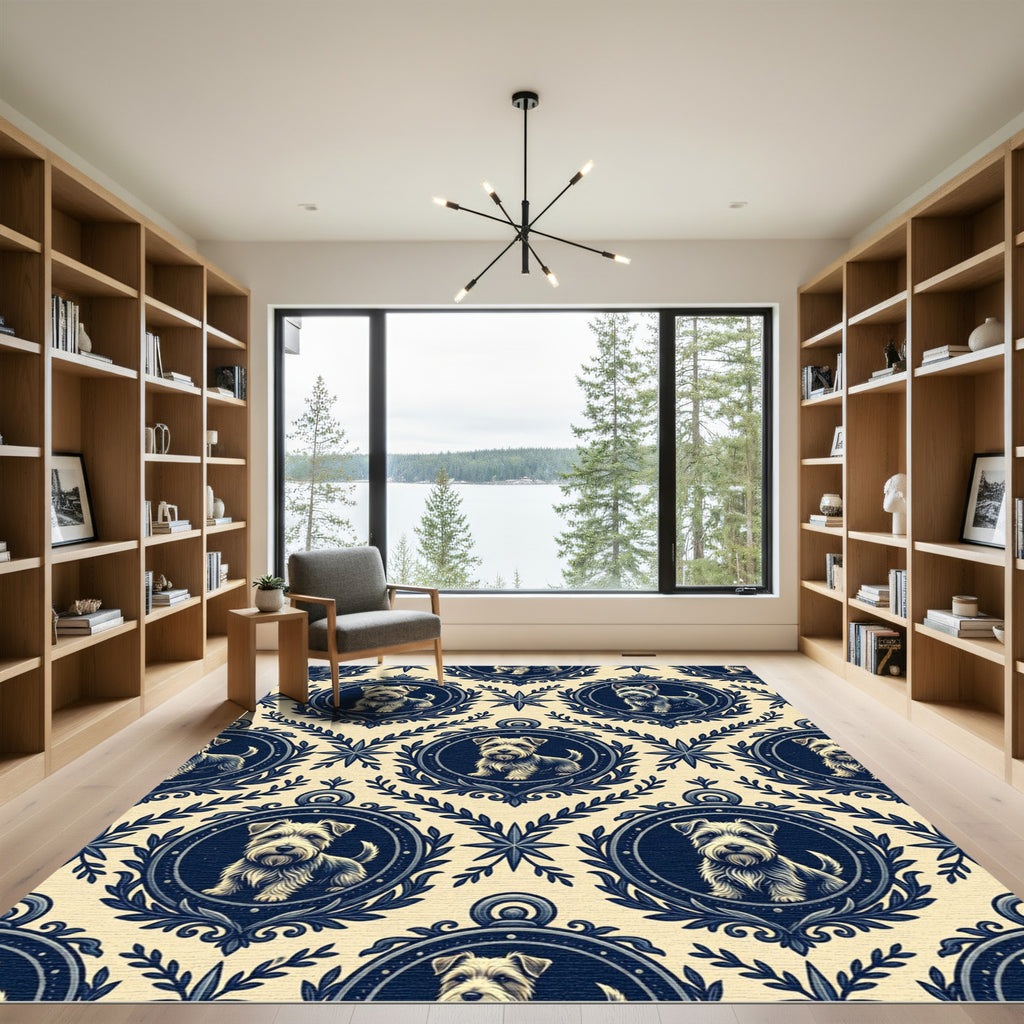 Navy Terrier Portrait French Medallion Rug
