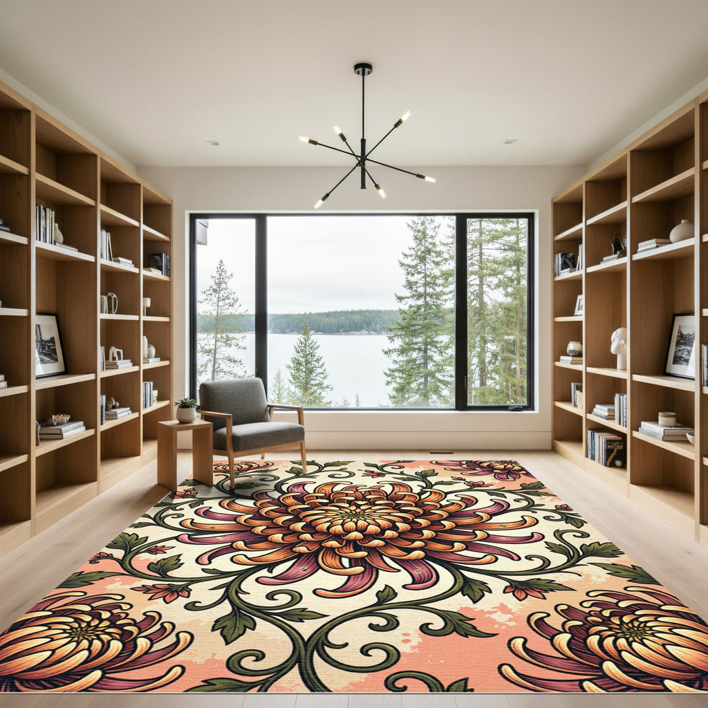 Vintage Autumnal Chrysanthemum Floral Botanical Rug