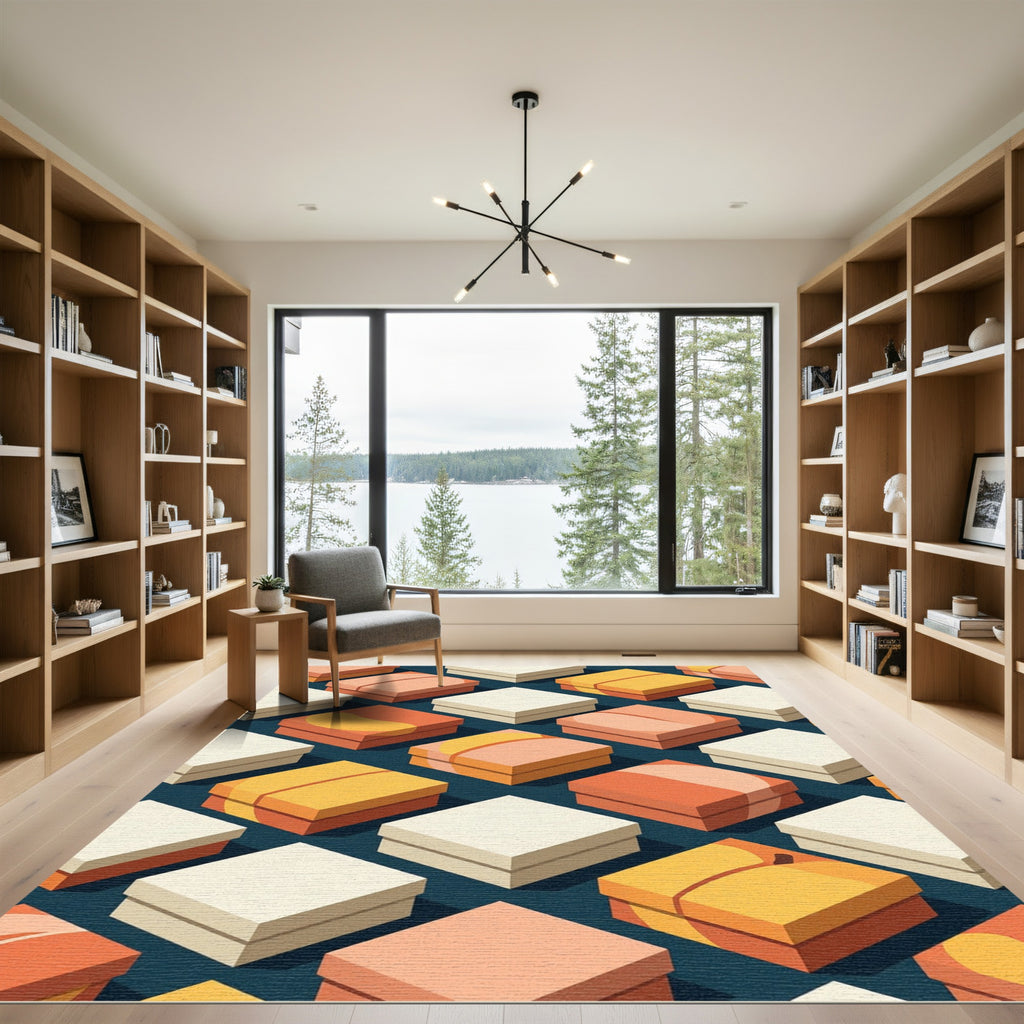 Orange Yellow Cream Square Stacks Rug