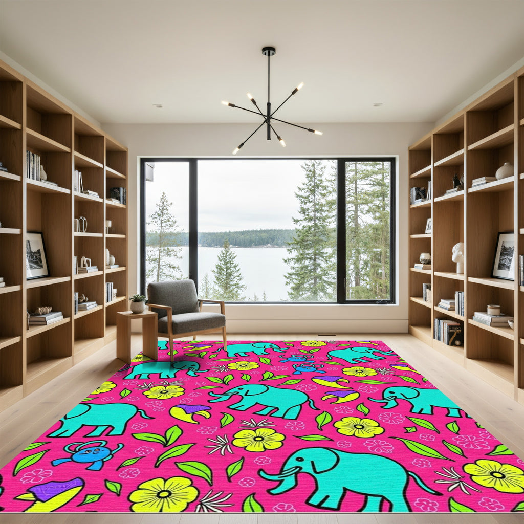 Turquoise Elephant Pink Floral Explosion Rug