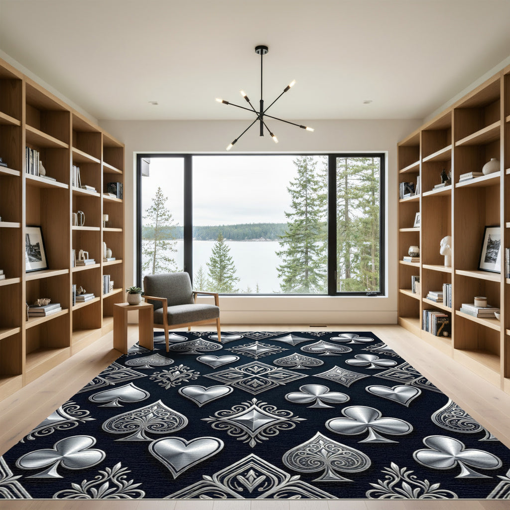 Metallic Silver Decorative Card Suit Velvet Rug
