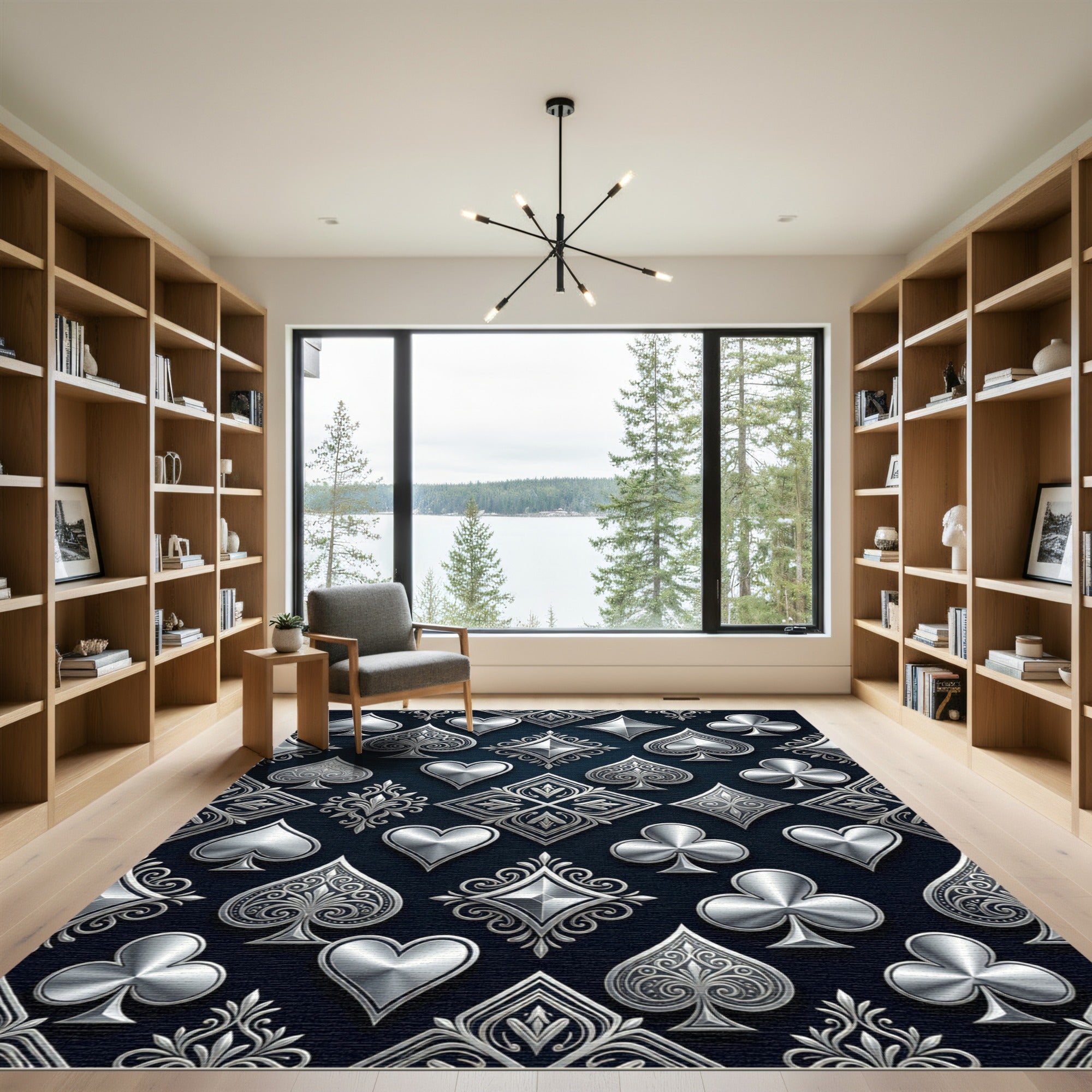 Metallic Silver Decorative Card Suit Velvet Rug