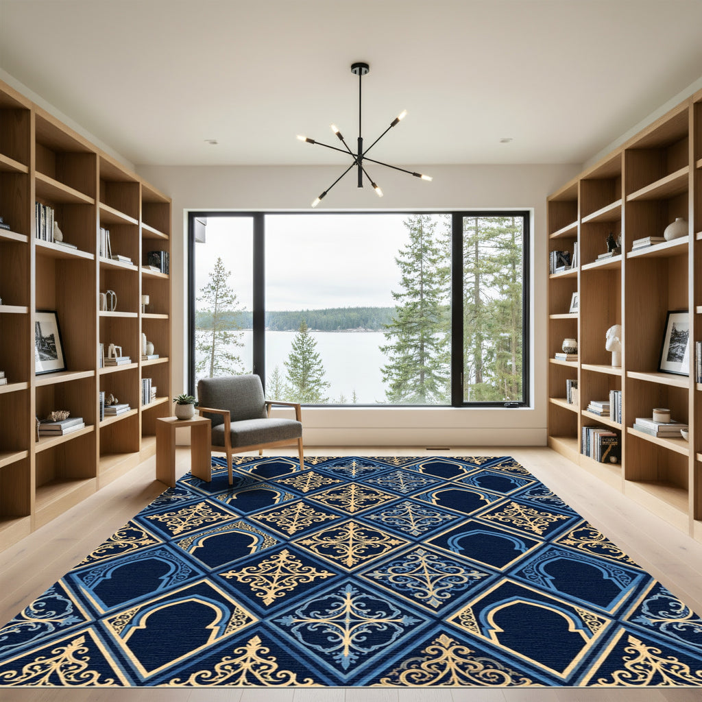 Gilded Navy Gothic Arch Diamond Tessellation Rug
