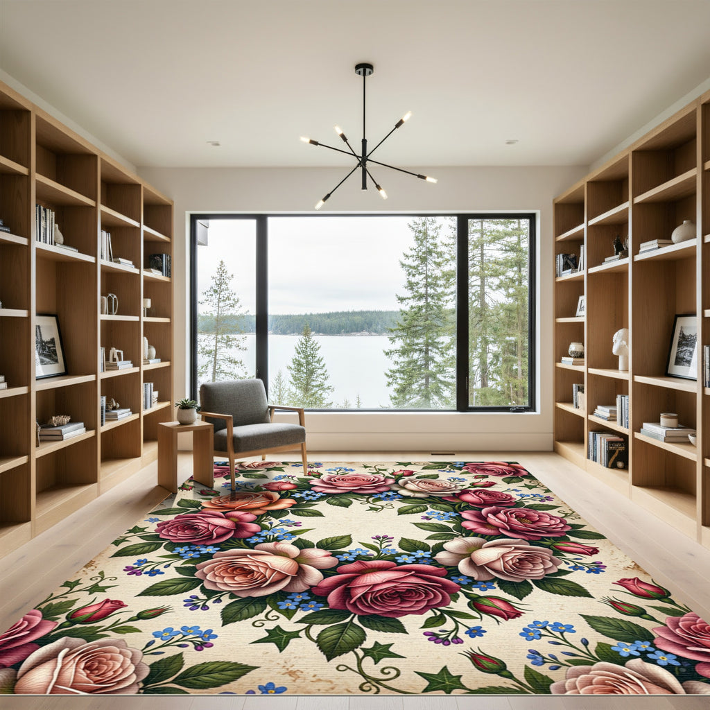 Vintage Floral Rose Wreath Medallion Rug