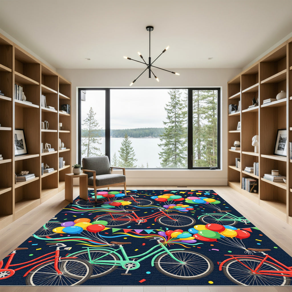 Festive Bicycles and Colorful Balloon Celebration Rug