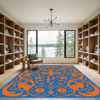 Orange Feline Floral Monogram Blue Rug