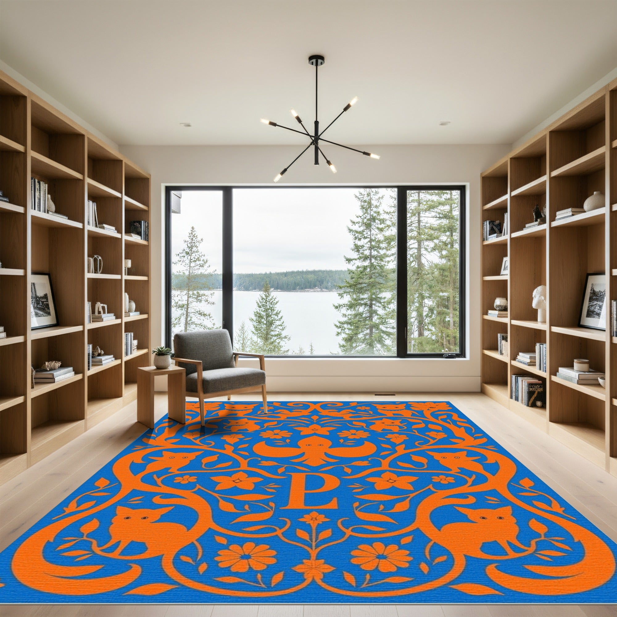 Orange Feline Floral Monogram Blue Rug