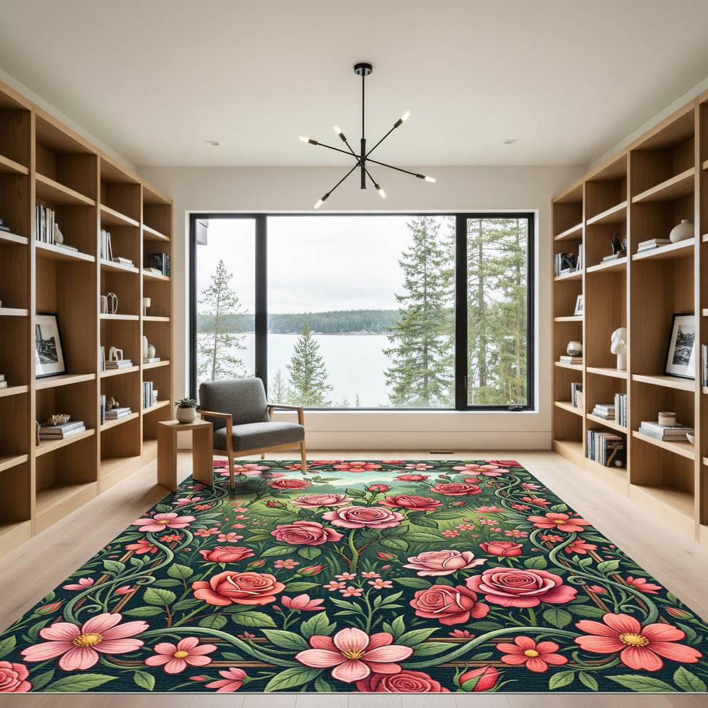 Pink Coral Floral Garden Frame Rug