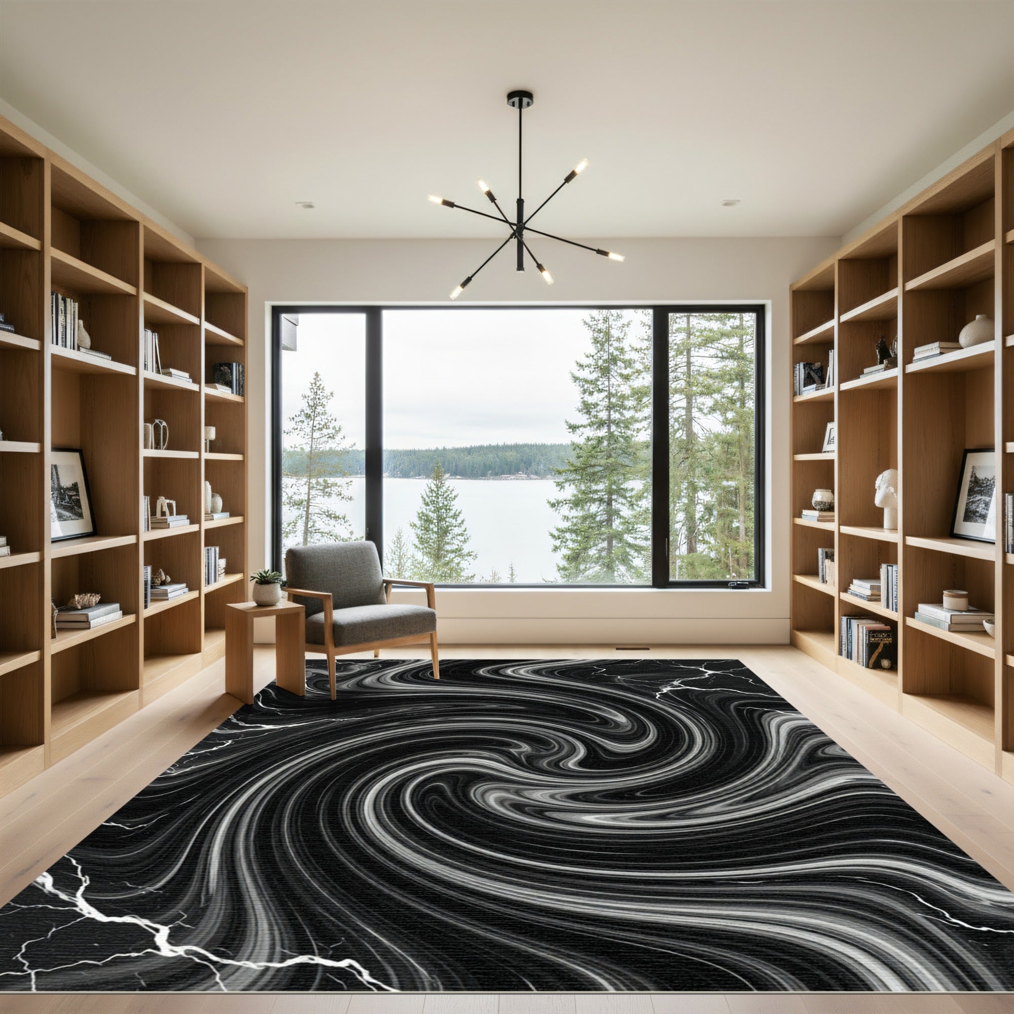 Black And White Swirling Marble Vortex Rug