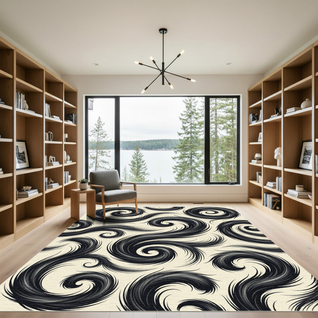 Monochrome Swirling Ink Flow Abstract Rug