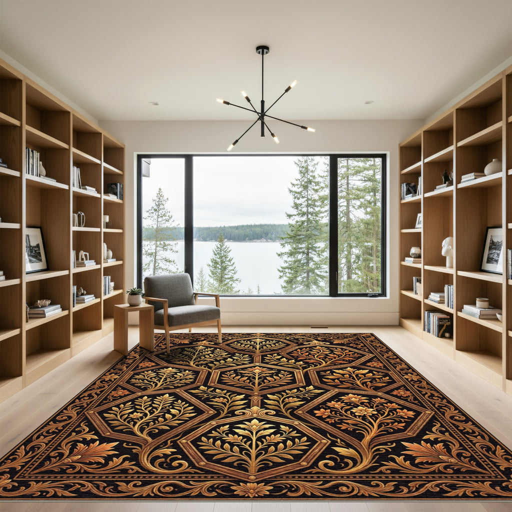 Ornate Black and Gold Hexagonal Floral Rug