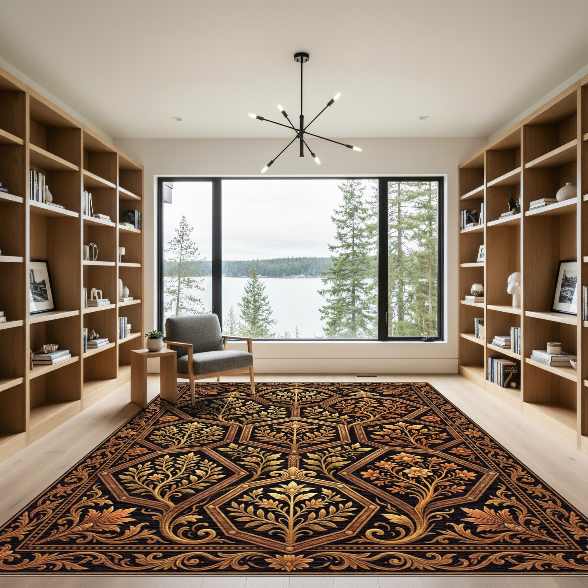 Ornate Black and Gold Hexagonal Floral Rug