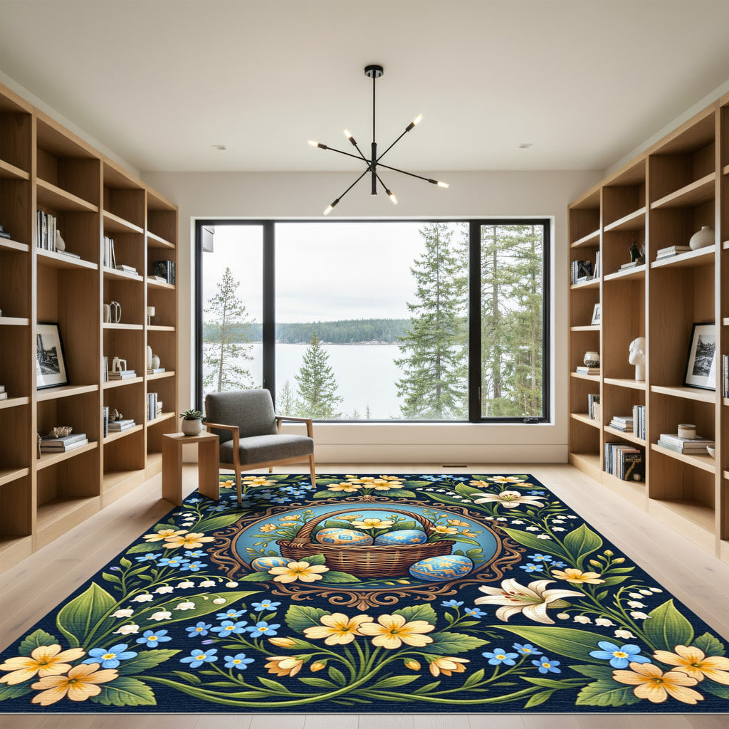 Floral Easter Basket Botanical Blue Rug