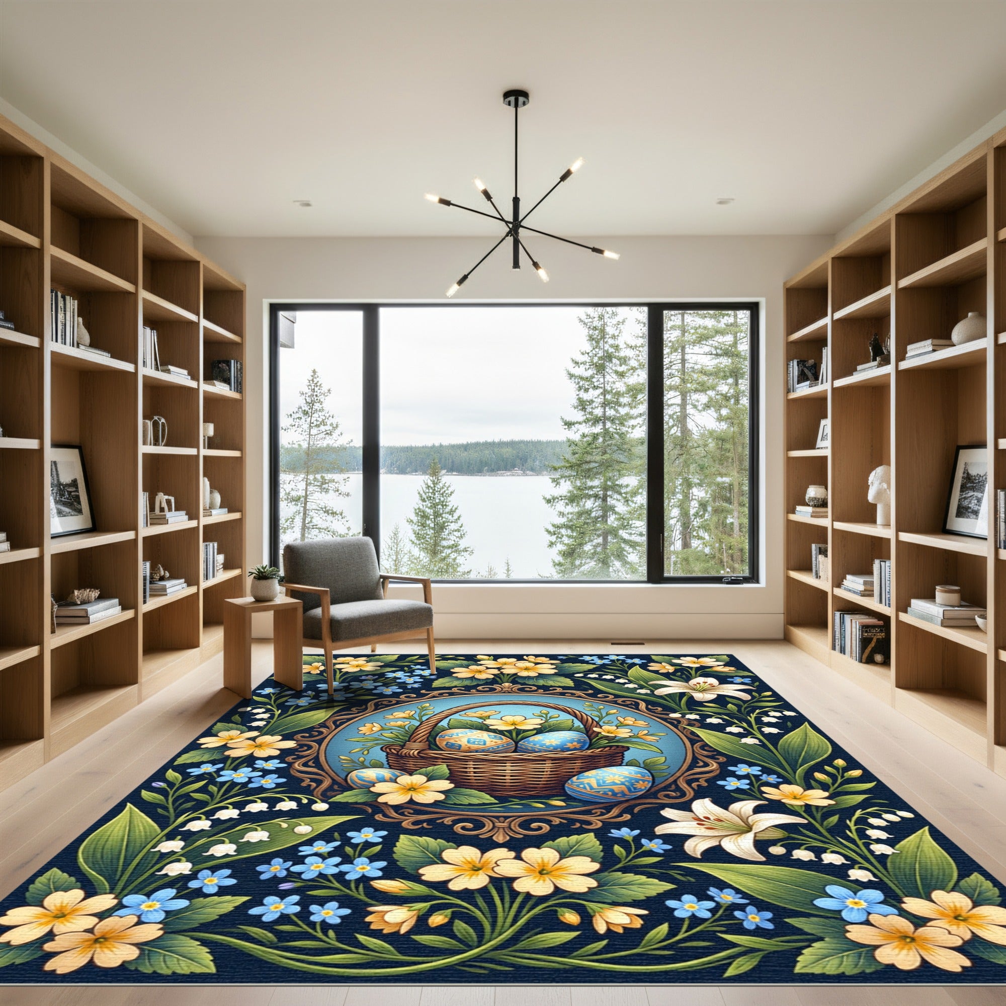Floral Easter Basket Botanical Blue Rug