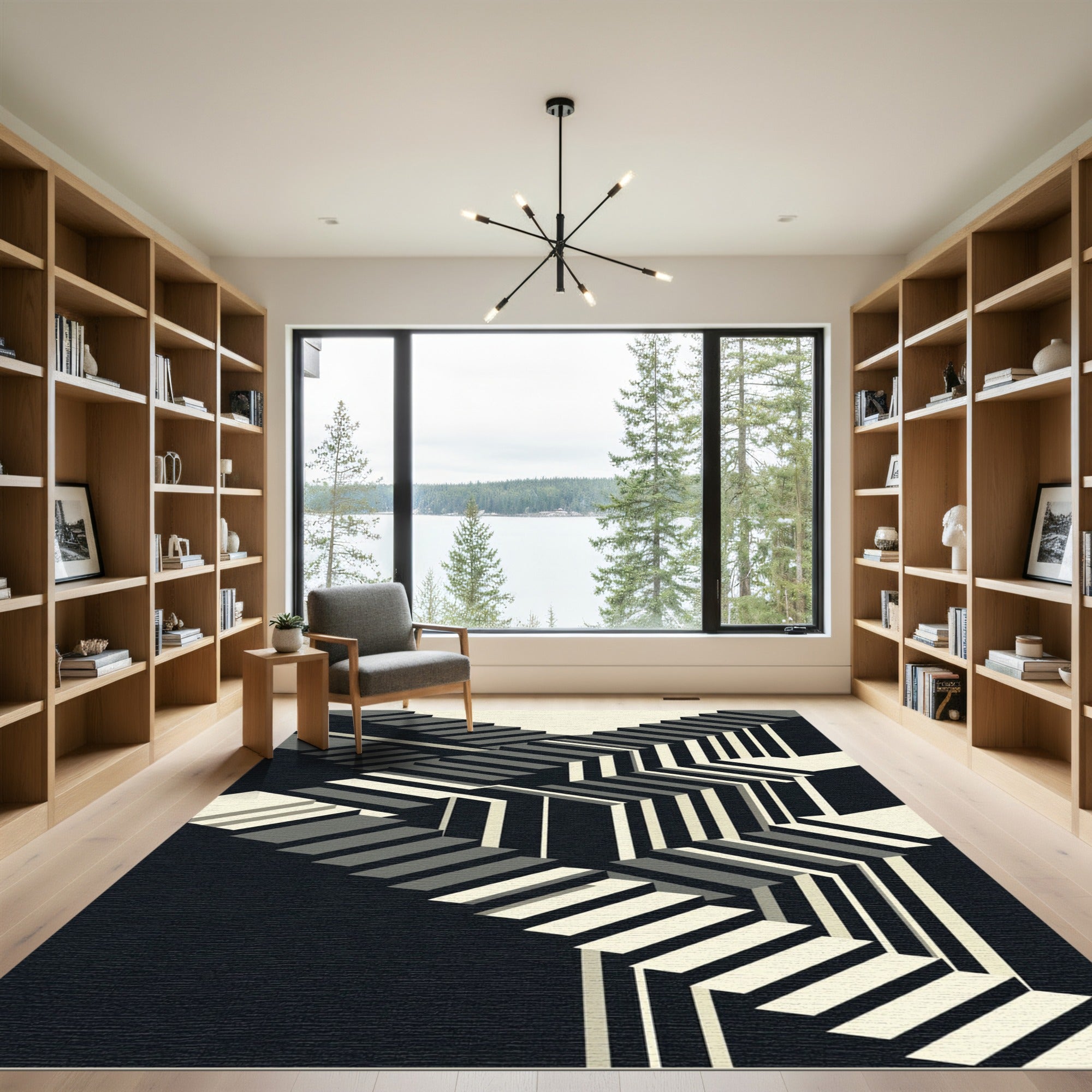 Monochrome Geometric Illusion Stairs Rug