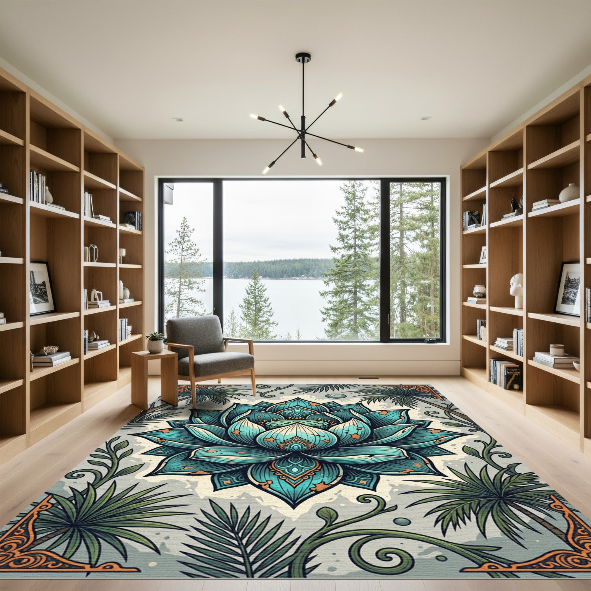 Teal Lotus Blossom with Tropical Palm Foliage Rug