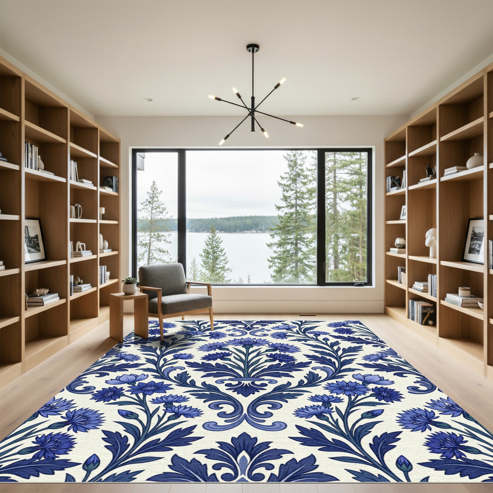 Navy Blue Cornflower Floral Scroll Rug