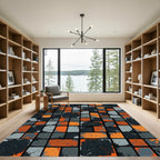 Abstract Orange Gray Black Blocks Rug